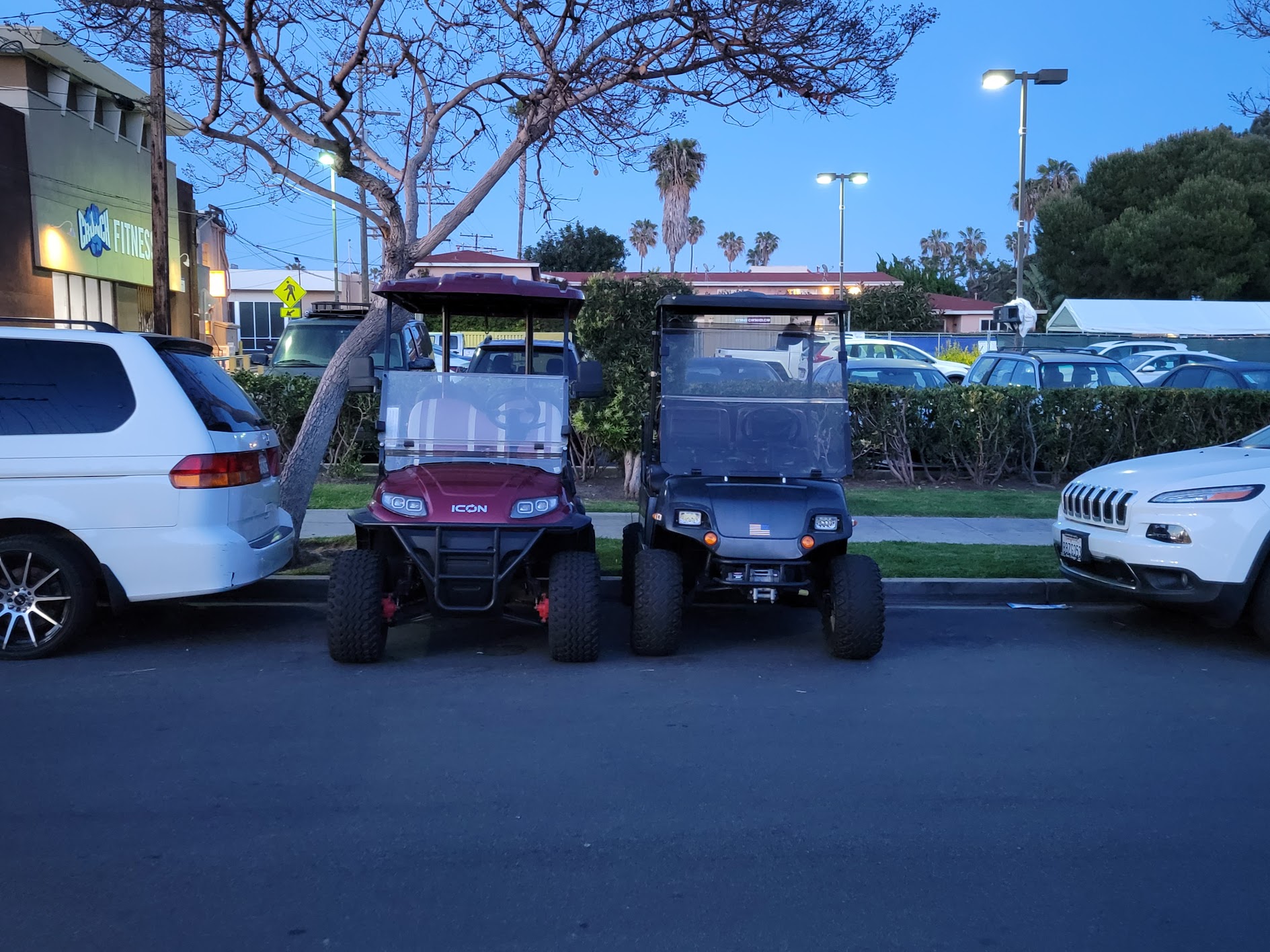 Two golf carts backed into a curb space between full-size vehicles at dusk.